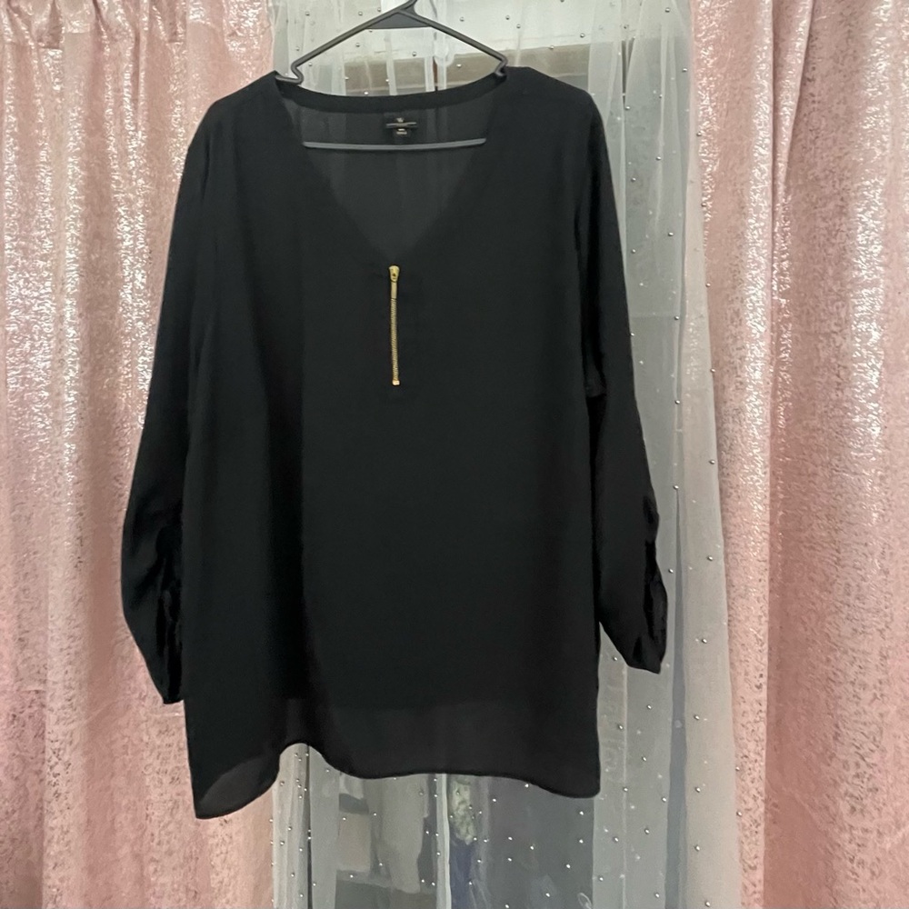 Worthington Plus Size Sheer Blouse | Front Zipper | 3/4 Ruched Tie Sleeves | 3X
